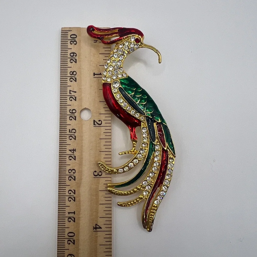 Vintage Phoenix Bird Brooch Gold Tone Red Green Enamel Rhinestone Long Tail Pin